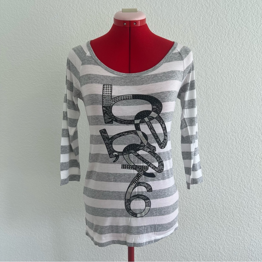 Bebe Striped 3/4 Sleeve Shirt Gray White Top Large